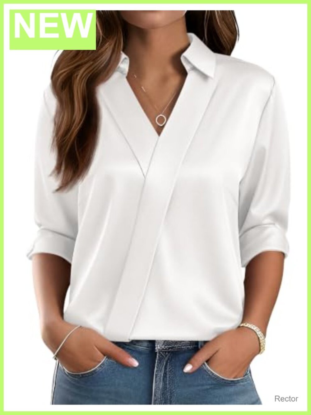 Women's Satin V Neck Long Sleeve Blouse Button Down Dress Shirt